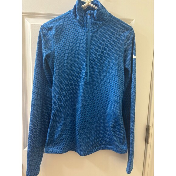 Nike Pro Pullover Top Womens XS Dri Fit Blue AOP 1/2 Zip Long Sleeve Geometric - Picture 1 of 5